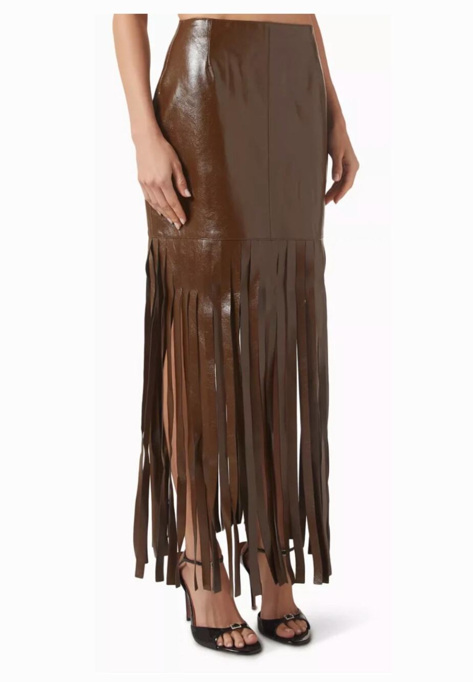 Nwt Elliat Faux Leather Fringe Midi Skirt Anya Chocolate Brown Lined Size XS